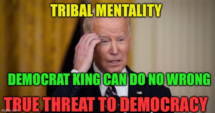 Democrat core belief. Same was true for Clinton, Obama, Kennedy, FDR, etc. | TRIBAL MENTALITY; DEMOCRAT KING CAN DO NO WRONG; TRUE THREAT TO DEMOCRACY | image tagged in democrats president,biden,democrats,puppets,incompetence | made w/ Imgflip meme maker