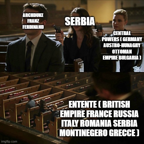 Assassination chain | SERBIA; ARCHDUKE FRANZ FERDINAND; CENTRAL POWERS ( GERMANY AUSTRO-HUNAGRY OTTOMAN EMPIRE BULGARIA ); ENTENTE ( BRITISH EMPIRE FRANCE RUSSIA ITALY ROMANIA SERBIA MONTINEGERO GRECCE ) | image tagged in assassination chain | made w/ Imgflip meme maker