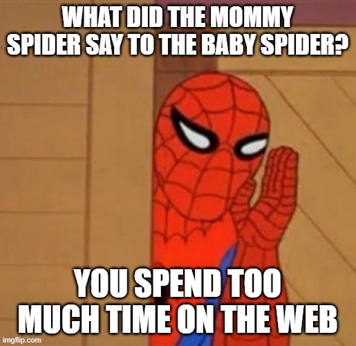 Spiders on the web | WHAT DID THE MOMMY SPIDER SAY TO THE BABY SPIDER? YOU SPEND TOO MUCH TIME ON THE WEB | image tagged in spider-man whisper | made w/ Imgflip meme maker