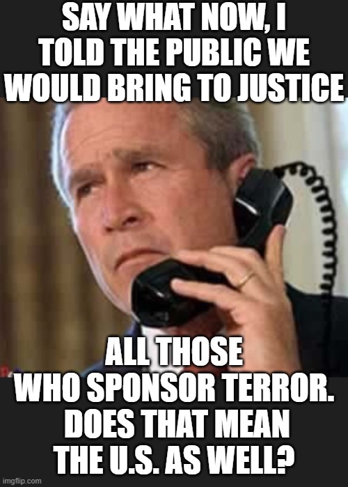 Hello George bush  | SAY WHAT NOW, I TOLD THE PUBLIC WE WOULD BRING TO JUSTICE ALL THOSE WHO SPONSOR TERROR.  DOES THAT MEAN THE U.S. AS WELL? | image tagged in hello george bush | made w/ Imgflip meme maker