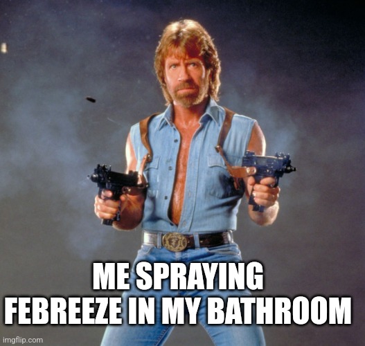Me spraying febreeze | ME SPRAYING FEBREEZE IN MY BATHROOM | image tagged in memes,chuck norris guns,chuck norris | made w/ Imgflip meme maker