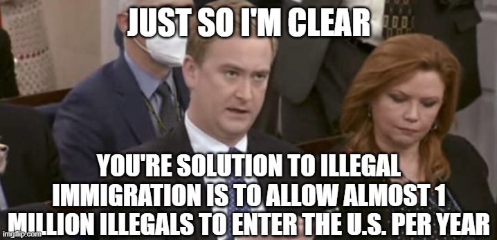 Peter Doocy asking questions | JUST SO I'M CLEAR YOU'RE SOLUTION TO ILLEGAL IMMIGRATION IS TO ALLOW ALMOST 1 MILLION ILLEGALS TO ENTER THE U.S. PER YEAR | image tagged in peter doocy asking questions | made w/ Imgflip meme maker