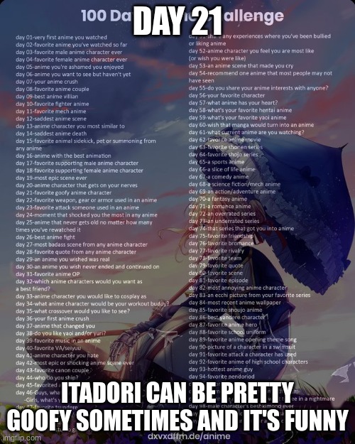 100 day anime challenge | DAY 21; ITADORI CAN BE PRETTY GOOFY SOMETIMES AND IT'S FUNNY | image tagged in 100 day anime challenge | made w/ Imgflip meme maker