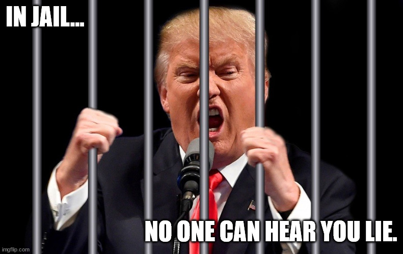 Alien Trump | IN JAIL... NO ONE CAN HEAR YOU LIE. | image tagged in trump in jail,alien,trump felon | made w/ Imgflip meme maker