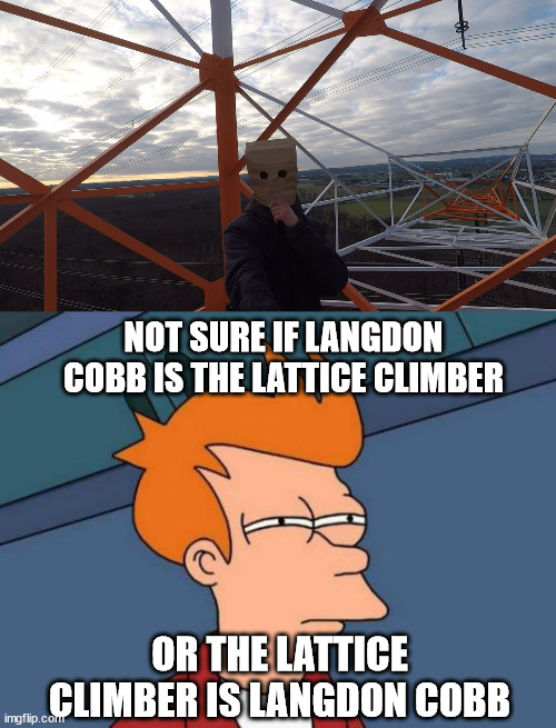 Futurama, the Question | NOT SURE IF LANGDON COBB IS THE LATTICE CLIMBER; OR THE LATTICE CLIMBER IS LANGDON COBB | image tagged in memes,futurama fry,lattice climbing,climbing,sport,langdon cobb | made w/ Imgflip meme maker