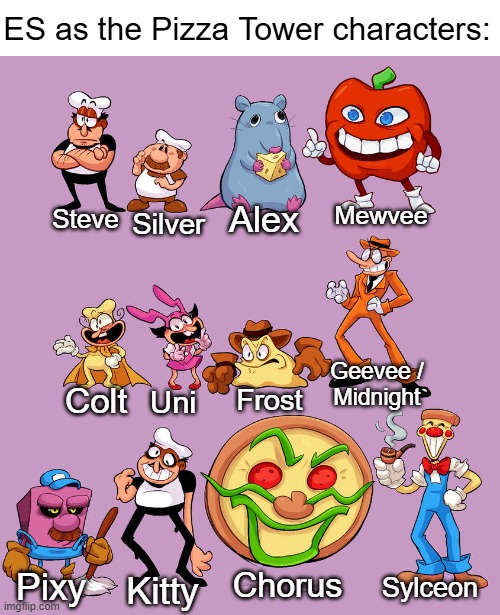 ES Pizza Tower | ES as the Pizza Tower characters:; Mewvee; Silver; Alex; Steve; Geevee /
Midnight; Frost; Colt; Uni; Chorus; Sylceon; Pixy; Kitty | made w/ Imgflip meme maker