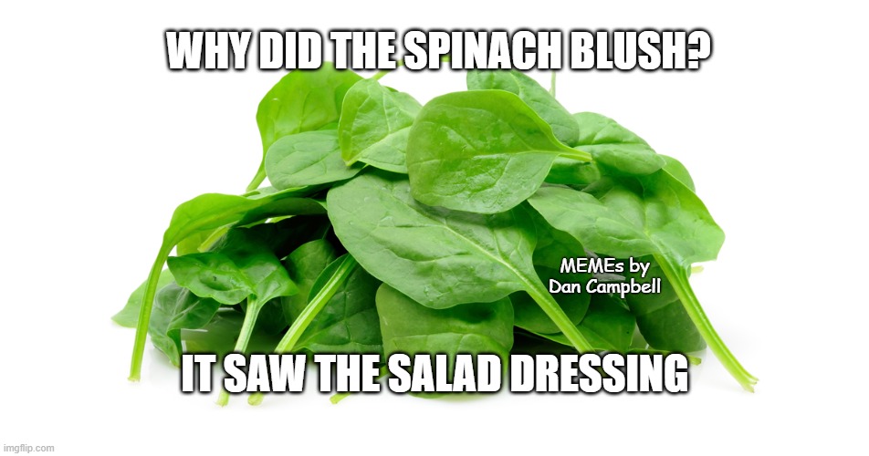 Spinach | WHY DID THE SPINACH BLUSH? MEMEs by Dan Campbell; IT SAW THE SALAD DRESSING | image tagged in spinach | made w/ Imgflip meme maker