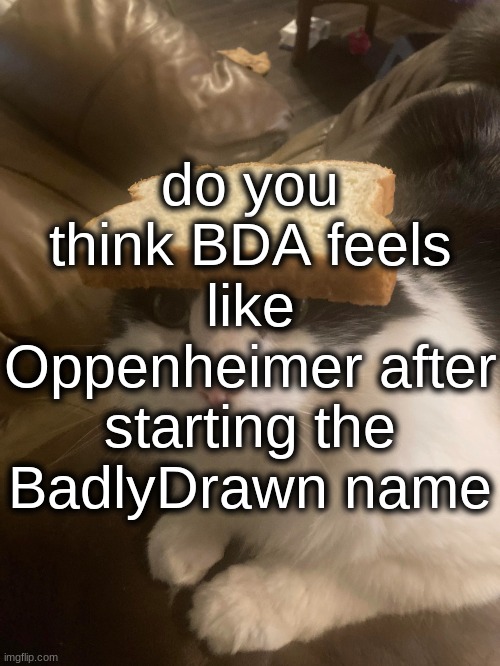 badlydrawnoppenheimer | do you think BDA feels like Oppenheimer after starting the BadlyDrawn name | image tagged in bread cat | made w/ Imgflip meme maker