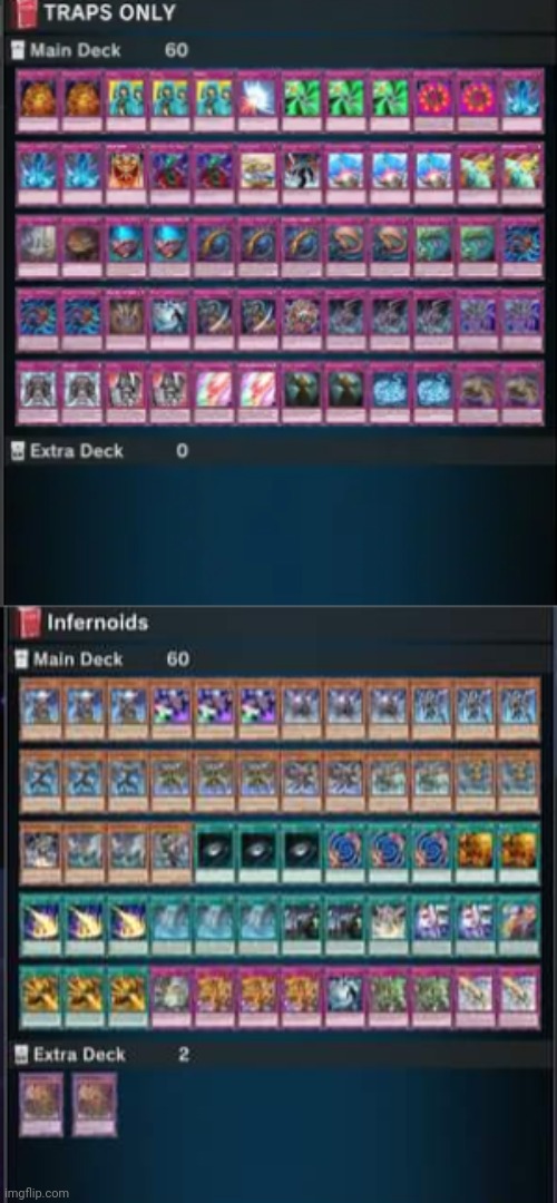 My traps only deck, and a new Infernoid deck armed with the brand-new Dark Hole Dragon! | image tagged in yugioh,master duel,gaming,video games,nintendo switch,screenshots | made w/ Imgflip meme maker