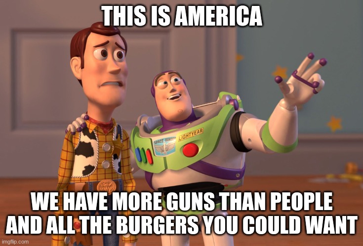 Despite what people may say; American culture is great. | THIS IS AMERICA; WE HAVE MORE GUNS THAN PEOPLE AND ALL THE BURGERS YOU COULD WANT | image tagged in memes,x x everywhere | made w/ Imgflip meme maker