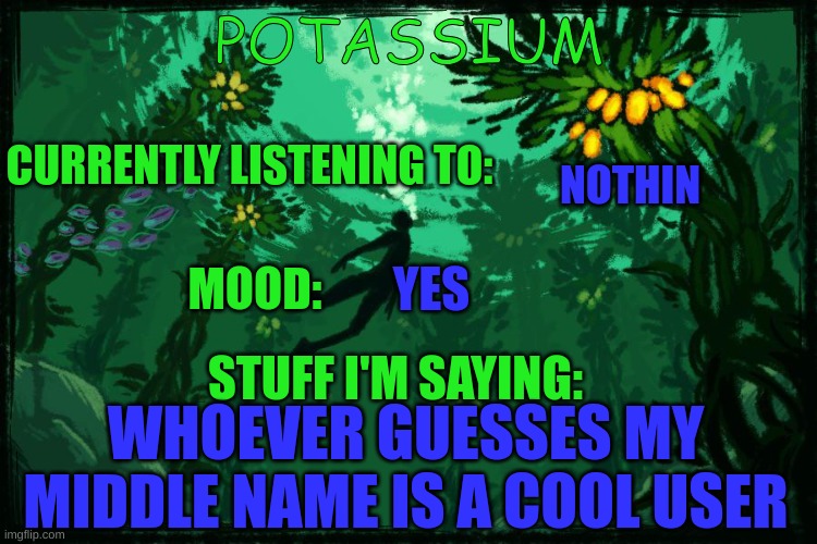 Potassium Subnautica template | NOTHIN; YES; WHOEVER GUESSES MY MIDDLE NAME IS A COOL USER | image tagged in potassium subnautica template | made w/ Imgflip meme maker