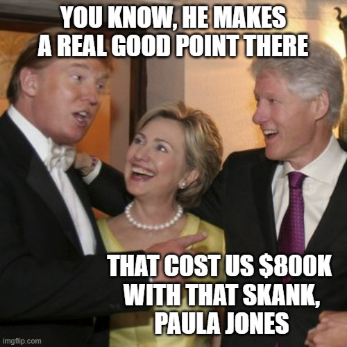 Trump and the Clintons | YOU KNOW, HE MAKES A REAL GOOD POINT THERE THAT COST US $800K 
WITH THAT SKANK,
PAULA JONES | image tagged in trump and the clintons | made w/ Imgflip meme maker