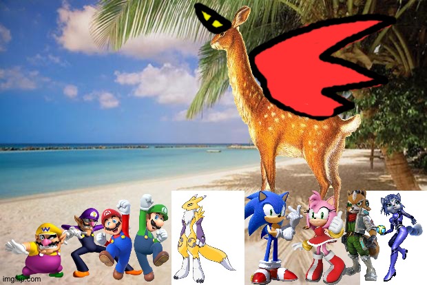 Wario and Friends dies by a Winged horned Rabbuck while exploring in a tropical island | image tagged in island paradise,wario dies,digimon,super mario,sonic the hedgehog,star fox | made w/ Imgflip meme maker