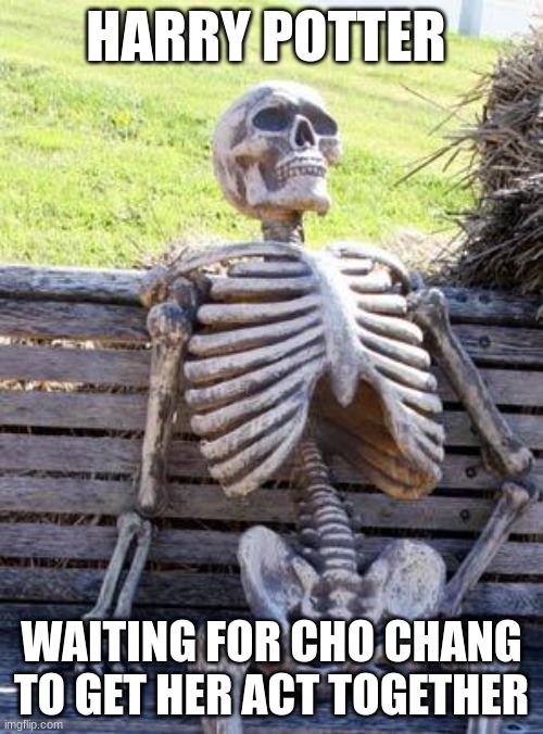 Waiting Skeleton | HARRY POTTER; WAITING FOR CHO CHANG TO GET HER ACT TOGETHER | image tagged in memes,waiting skeleton | made w/ Imgflip meme maker