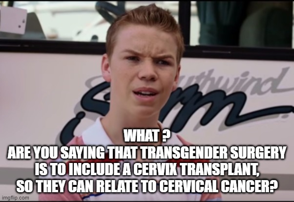 You Guys are Getting Paid | WHAT ?
ARE YOU SAYING THAT TRANSGENDER SURGERY
IS TO INCLUDE A CERVIX TRANSPLANT,
SO THEY CAN RELATE TO CERVICAL CANCER? | image tagged in you guys are getting paid | made w/ Imgflip meme maker