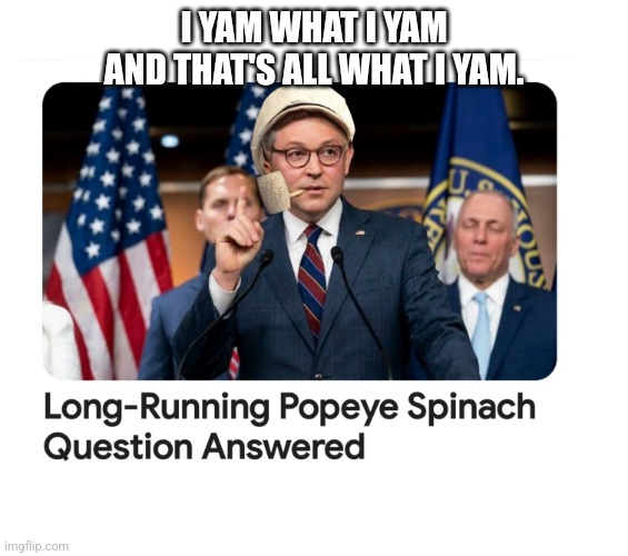 Republican Problem Solvers | I YAM WHAT I YAM AND THAT'S ALL WHAT I YAM. | image tagged in mike johnson,republicans | made w/ Imgflip meme maker