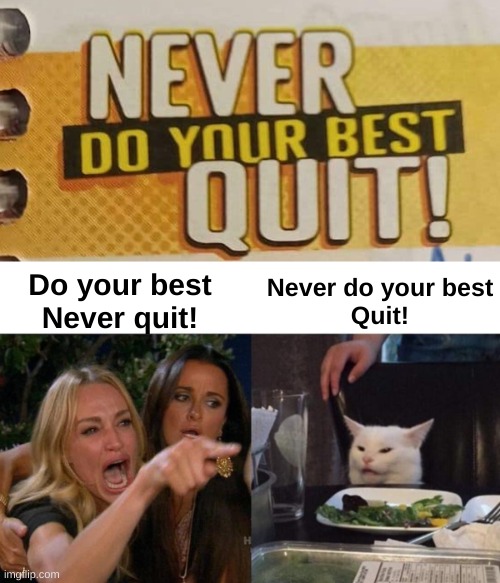 Hopefully this isn't a repost | Never do your best
Quit! Do your best
Never quit! | image tagged in memes,woman yelling at cat,funny,cats,you had one job,if you read this tag you are cursed | made w/ Imgflip meme maker