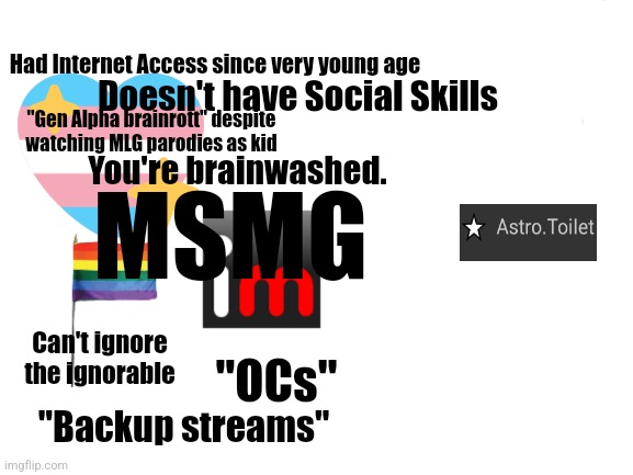 Blank White Template | Had Internet Access since very young age; Doesn't have Social Skills; "Gen Alpha brainrott" despite watching MLG parodies as kid; You're brainwashed. MSMG; Can't ignore the ignorable; "OCs"; "Backup streams" | image tagged in blank white template | made w/ Imgflip meme maker
