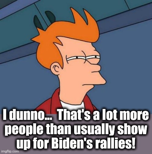 Futurama Fry Meme | I dunno...  That's a lot more
people than usually show
up for Biden's rallies! | image tagged in memes,futurama fry | made w/ Imgflip meme maker