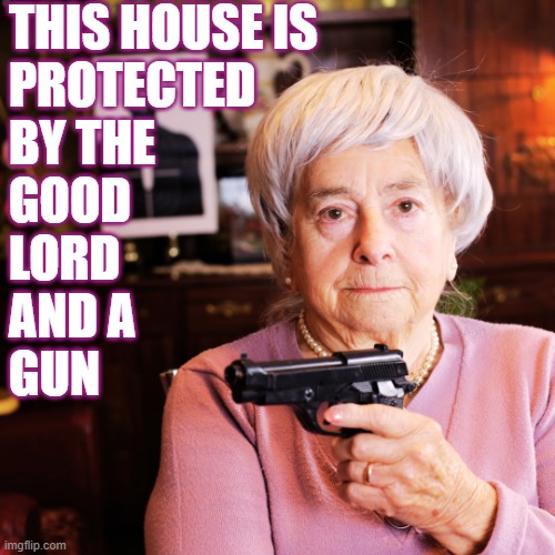 Woman with Gun | THIS HOUSE IS
PROTECTED
BY THE
GOOD
LORD 
AND A 
GUN | image tagged in grandma,old woman,2nd amendment,gun rights,home protection | made w/ Imgflip meme maker