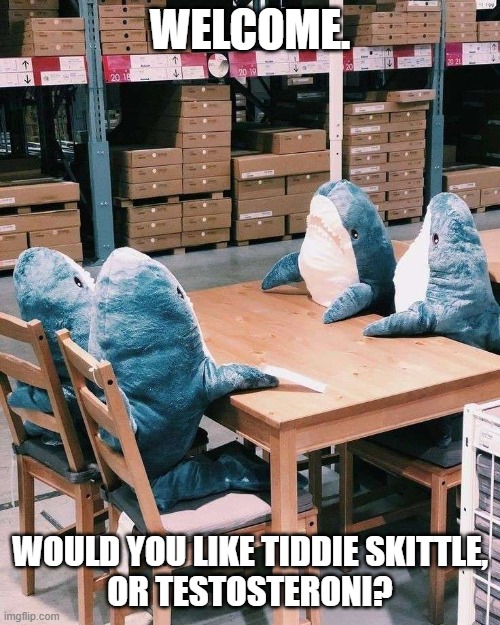 BLÅJAH TABLE!!!!!! | WELCOME. WOULD YOU LIKE TIDDIE SKITTLE,
OR TESTOSTERONI? | image tagged in trans,transgender,lgbtq | made w/ Imgflip meme maker