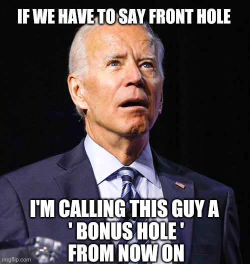 Joe Biden | IF WE HAVE TO SAY FRONT HOLE I'M CALLING THIS GUY A 
' BONUS HOLE '
FROM NOW ON | image tagged in joe biden | made w/ Imgflip meme maker