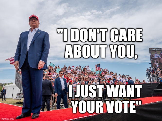 "I Don't Care About You" | "I DON'T CARE
 ABOUT YOU, I JUST WANT 
YOUR VOTE" | image tagged in trump,speech,trump rally,quote,don the con | made w/ Imgflip meme maker