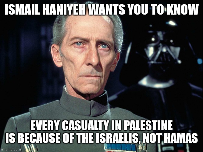 Ismail Haniyeh says it's all Israel's fault | ISMAIL HANIYEH WANTS YOU TO KNOW; EVERY CASUALTY IN PALESTINE IS BECAUSE OF THE ISRAELIS, NOT HAMAS | image tagged in grand moff tarkin,palestinian terrorism,ismail haniyeh,hamas terrorism | made w/ Imgflip meme maker