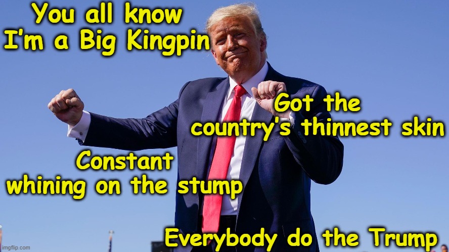 Trump Rally Dance | You all know I’m a Big Kingpin; Got the country’s thinnest skin; Constant whining on the stump; Everybody do the Trump | image tagged in trump,maga,basket of deplorables,nevertrump meme,donald trump the clown,presidential race | made w/ Imgflip meme maker