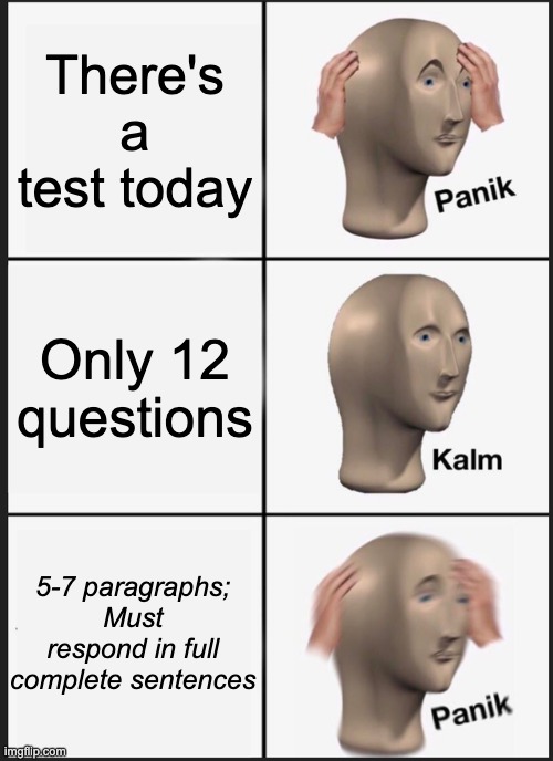 You have 30 minutes, setttttt, GO! | There's a test today; Only 12 questions; 5-7 paragraphs; Must respond in full complete sentences | image tagged in memes,panik kalm panik | made w/ Imgflip meme maker