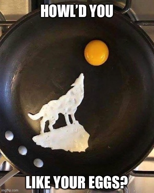 Howl’d you like your eggs? | HOWL’D YOU; LIKE YOUR EGGS? | image tagged in eggs,wolf | made w/ Imgflip meme maker