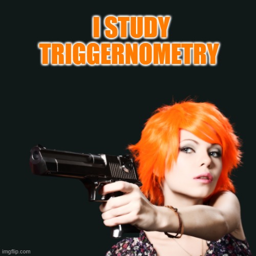 Guns | I STUDY
TRIGGERNOMETRY | image tagged in woman with gun,studying,gun rights,2nd amendment,orange | made w/ Imgflip meme maker