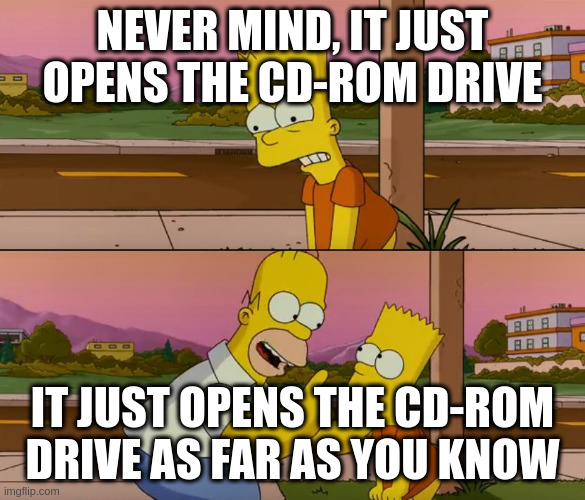 The "The Simpsons" "so far" meme where Bart says "this is the worst day of my life" and Homer "helpfully" responds "this is the worst day of your life so far." Only this one is captioned with "never mind it just opens the CD-ROM drive" and "it just opens the CD-ROM drive as far as you know."
