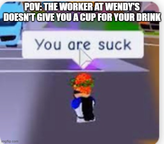 That was very uncalled for of u and u should be ashamed of yourself (I have to be stern and demand a cup now apparently haha) | POV: THE WORKER AT WENDY'S DOESN'T GIVE YOU A CUP FOR YOUR DRINK | image tagged in you are suck flamingo,memes,restaurant,relatable,wendys,society sucks | made w/ Imgflip meme maker