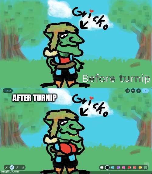 Gricko Grimgrin | Before turnip; AFTER TURNIP | image tagged in dnd,legends of avantris,legendsofavantris,gricko grimgrin,once upon a whichlight,goblin | made w/ Imgflip meme maker