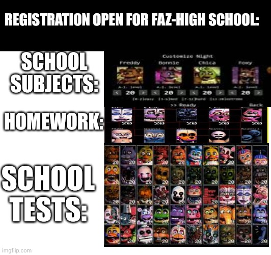 REGISTRATION OPEN FOR FAZ-HIGH SCHOOL:; SCHOOL SUBJECTS:; HOMEWORK:; SCHOOL TESTS: | made w/ Imgflip meme maker