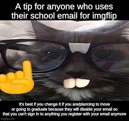 Yuh | A tip for anyone who uses their school email for imgflip; It's best if you change it if you are/planning to move or going to graduate because they will disable your email so that you can't sign in to anything you register with your email anymore | image tagged in nerd kitty,school,imgflip,tip,oh wow are you actually reading these tags | made w/ Imgflip meme maker