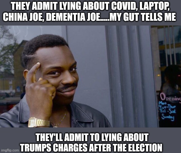 American communism at work | THEY ADMIT LYING ABOUT COVID, LAPTOP, CHINA JOE, DEMENTIA JOE.....MY GUT TELLS ME; THEY'LL ADMIT TO LYING ABOUT TRUMPS CHARGES AFTER THE ELECTION | image tagged in memes,roll safe think about it | made w/ Imgflip meme maker