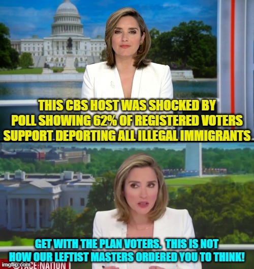 It's all pretty much right in the open with the legacy Mainstream Media outlets at this point. | THIS CBS HOST WAS SHOCKED BY POLL SHOWING 62% OF REGISTERED VOTERS SUPPORT DEPORTING ALL ILLEGAL IMMIGRANTS; GET WITH THE PLAN VOTERS.  THIS IS NOT HOW OUR LEFTIST MASTERS ORDERED YOU TO THINK! | image tagged in yep | made w/ Imgflip meme maker