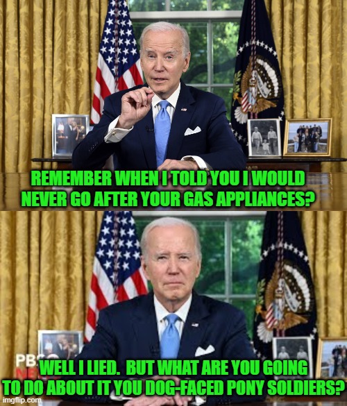 Yes you sheeple-like Dem Party voters.  Just what ARE you going to do about it? | REMEMBER WHEN I TOLD YOU I WOULD NEVER GO AFTER YOUR GAS APPLIANCES? WELL I LIED.  BUT WHAT ARE YOU GOING TO DO ABOUT IT YOU DOG-FACED PONY SOLDIERS? | image tagged in yep | made w/ Imgflip meme maker
