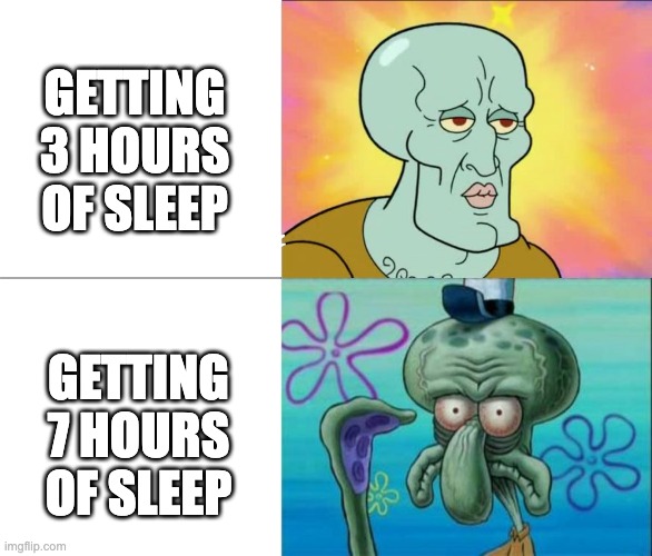 WHY NATURE WHY | GETTING 3 HOURS OF SLEEP; GETTING 7 HOURS OF SLEEP | image tagged in handsome squidward vs ugly squidward | made w/ Imgflip meme maker