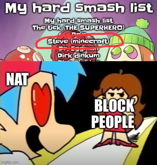 BLOCK PEOPLE; NAT | image tagged in boyfriend sees girlfriend | made w/ Imgflip meme maker