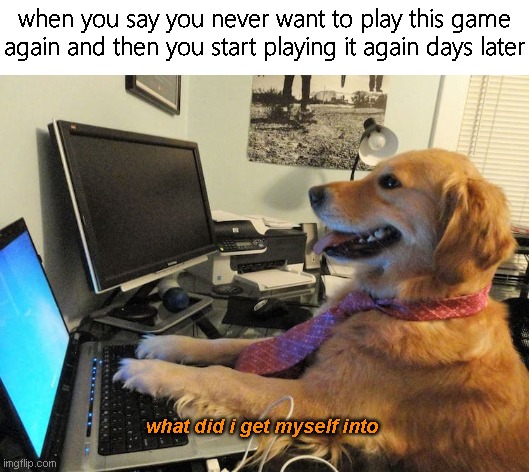 real | when you say you never want to play this game again and then you start playing it again days later; what did i get myself into | image tagged in memes,funny,dogs,computer,funny memes | made w/ Imgflip meme maker