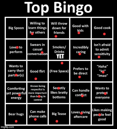 The only reason I didn’t mark big spoon is because I physically can’t | YET | image tagged in top bingo | made w/ Imgflip meme maker