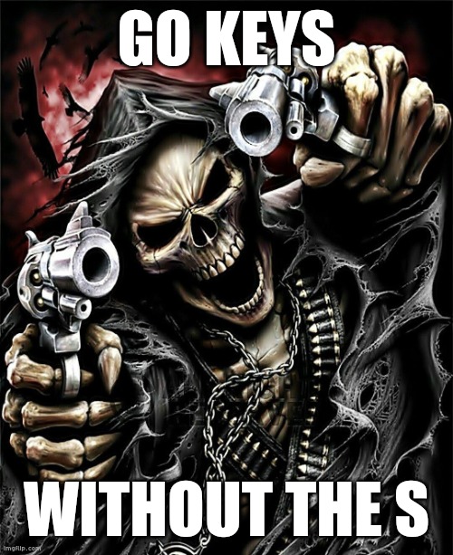 Go key | GO KEYS; WITHOUT THE S | image tagged in cool skeleton | made w/ Imgflip meme maker