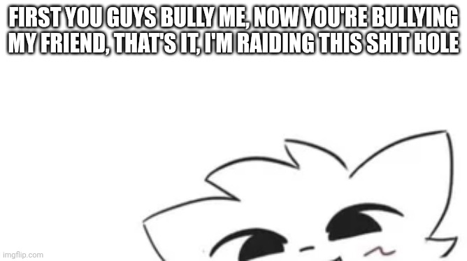 I see you masturbating | FIRST YOU GUYS BULLY ME, NOW YOU'RE BULLYING MY FRIEND, THAT'S IT, I'M RAIDING THIS SHIT HOLE | image tagged in i see you masturbating | made w/ Imgflip meme maker
