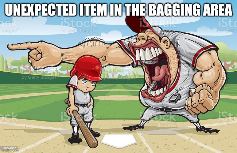 Baseball coach yelling at kid | UNEXPECTED ITEM IN THE BAGGING AREA | image tagged in baseball coach yelling at kid | made w/ Imgflip meme maker