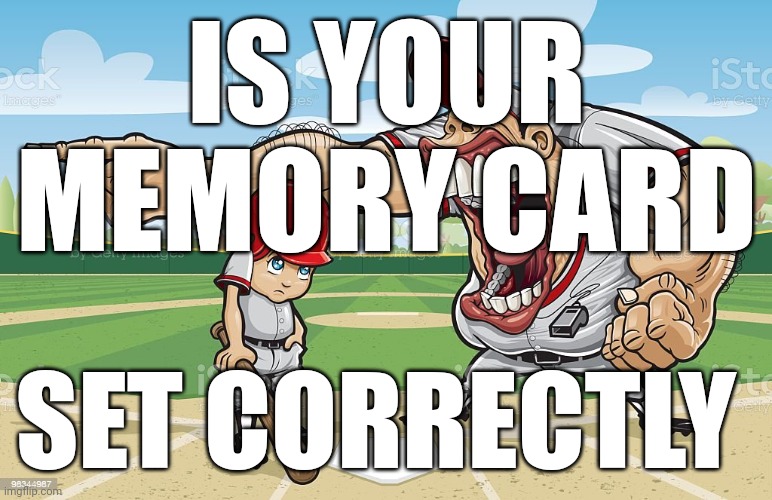Is your memory card set correctly? Hey, come on! | IS YOUR MEMORY CARD; SET CORRECTLY | image tagged in baseball coach yelling at kid | made w/ Imgflip meme maker