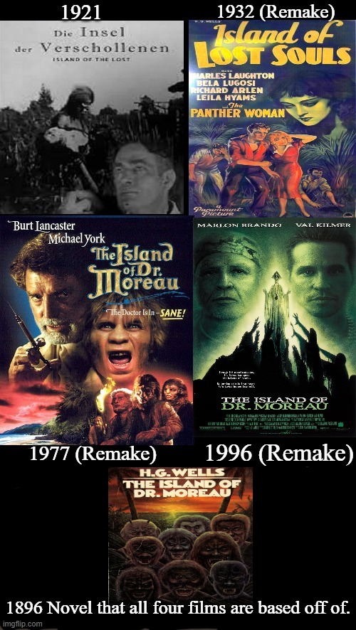 The Island Of Dr. Moreau Novel And Films | 1977 (Remake); 1896 Novel that all four films are based off of. | image tagged in the island of dr moreau,the island of the lost,the island of lost souls,1896 1921 1932 1977 1996 | made w/ Imgflip meme maker