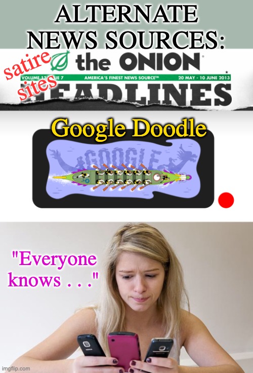 Be media literate: There's fact-checked actual news, and then there's . . . | ALTERNATE NEWS SOURCES:; satire sites; Google Doodle; "Everyone
knows . . ." | image tagged in the onion headlines banner,teenager always on phone | made w/ Imgflip meme maker